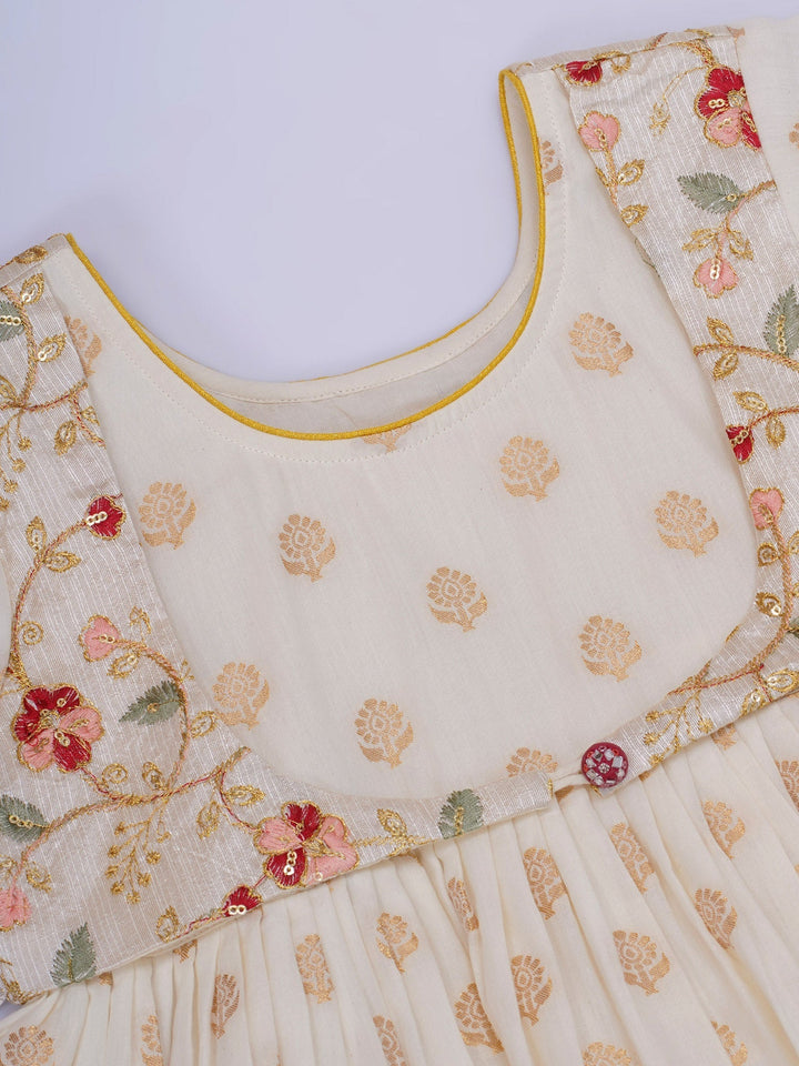 Girls Cotton Three Fourth Sleeves Frock Kurta with Sharara and Dupatta with Floral Embroidery & Zari Work - Cream | SHOBITAM