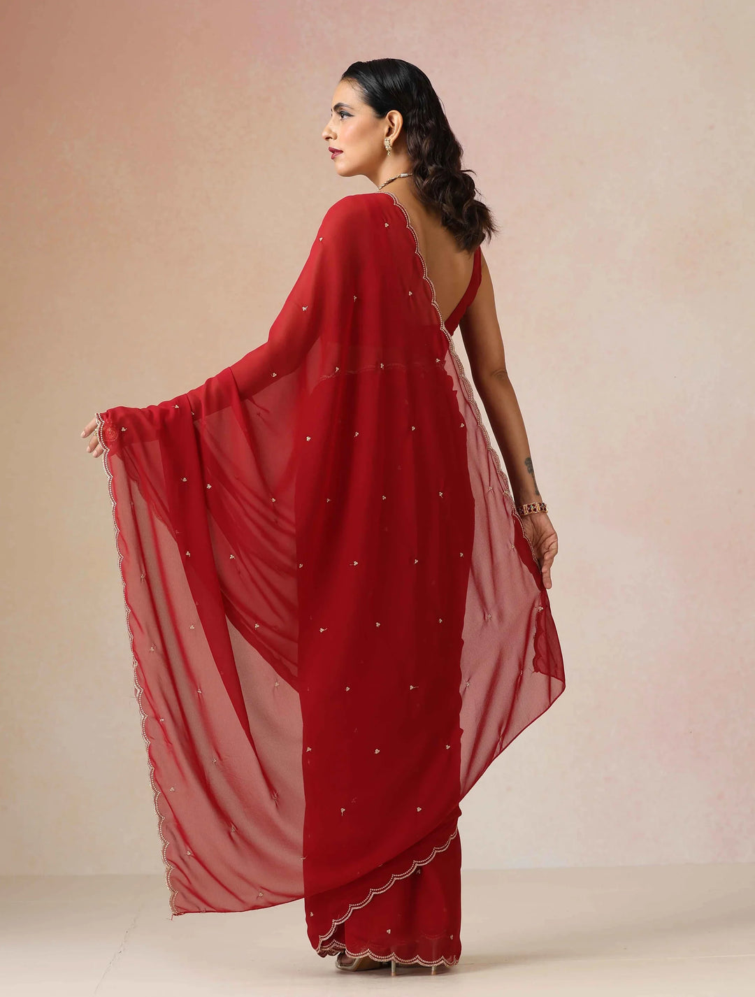 Maroon Georgette Embroidered Saree With unstitched Blouse | SHOBITAM