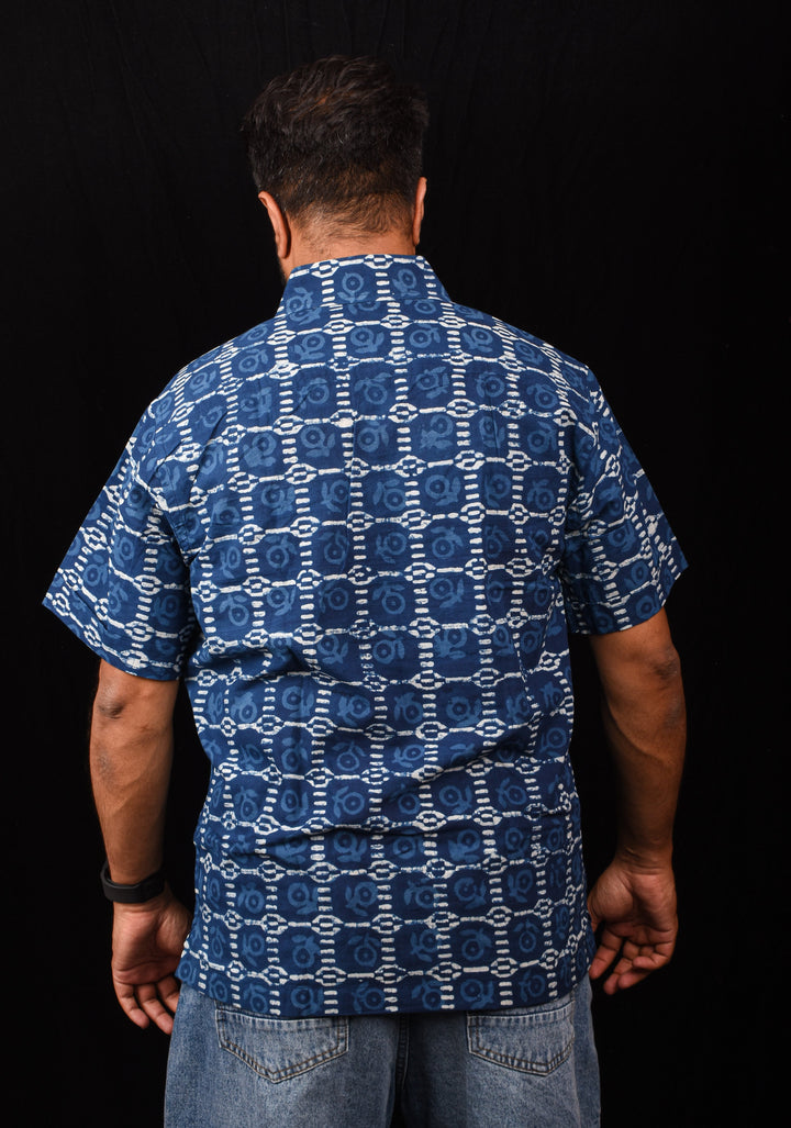 Blue White Handblock Printed Cotton Mens Shirt