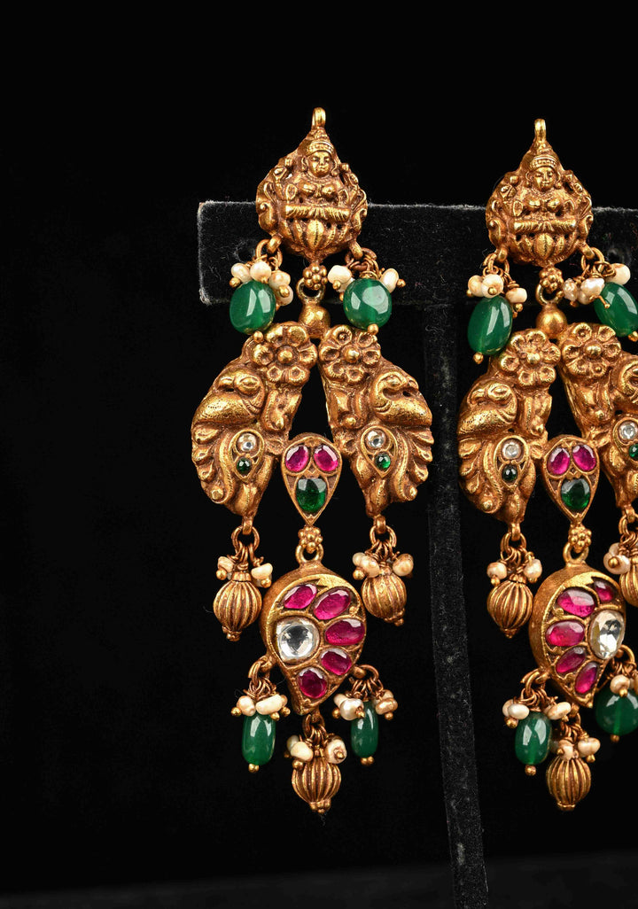 92.5 Pure Silver, Gold Plated Antique Jadau  Deep Nagas Earrings
