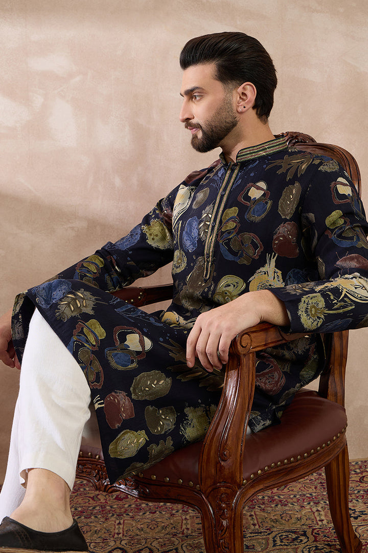 Navy Blue Silk Blend Printed Mandarin Collar Straight Kurta For Men | SHOBITAM