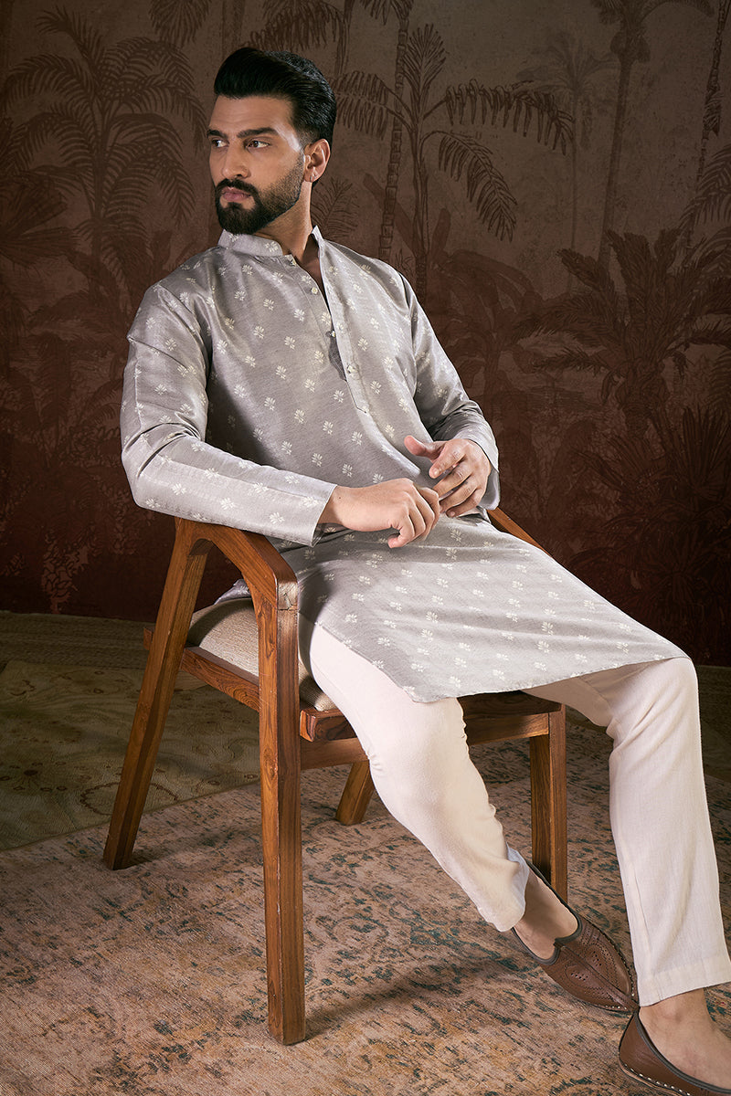 Grey Silk Blend Floral Printed Straight Kurta For Men | SHOBITAM