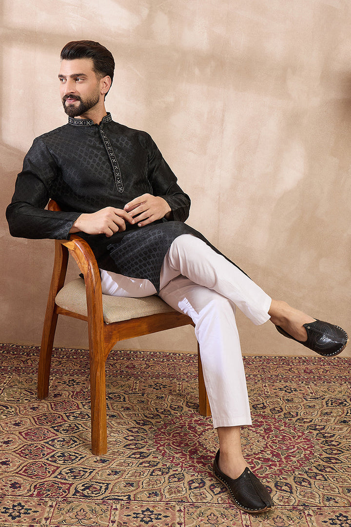 Black Silk Blend Solid Woven Design Straight Kurta | SHOBITAM