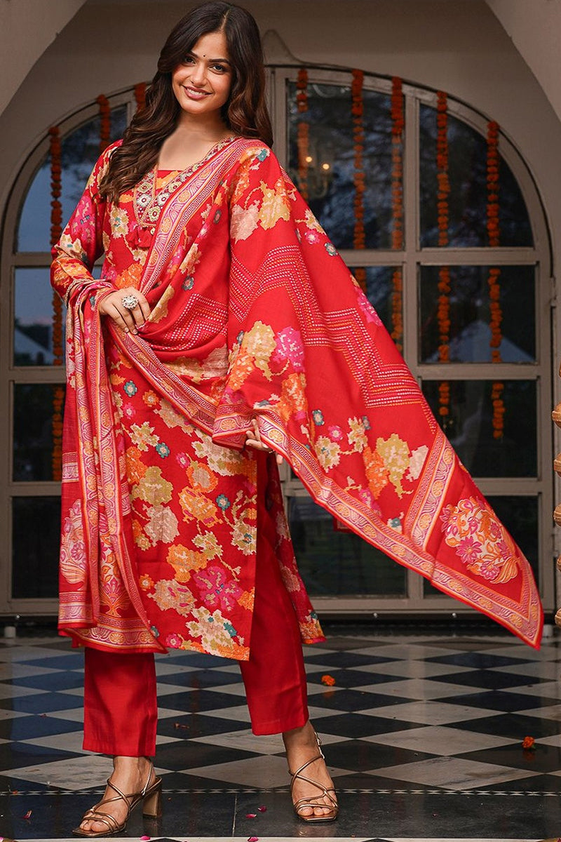 Red Viscose Rayon Floral Printed Straight Kurta Trousers With Dupatta | SHOBITAM