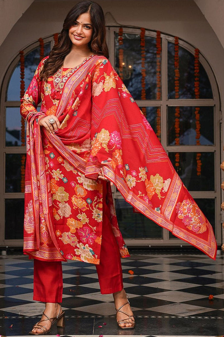 Red Viscose Rayon Floral Printed Straight Kurta Trousers With Dupatta | SHOBITAM
