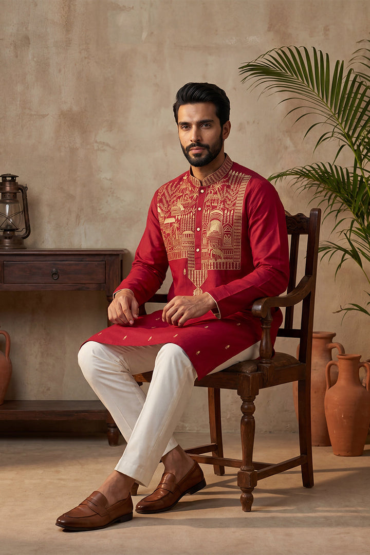 Mens Red Silk Blend Solid Emboidered Straight Kurta With Trouser | SHOBITAM
