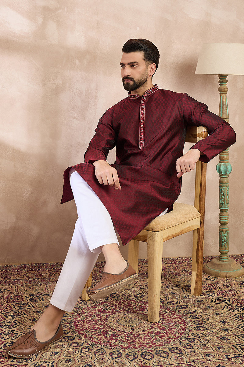 Maroon Silk Blend Solid Woven Design Straight Kurta With Trouser | SHOBITAM