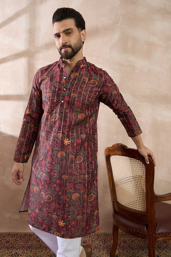 Maroon Silk Blend Printed Mandarin Collar Straight Kurta | SHOBITAM
