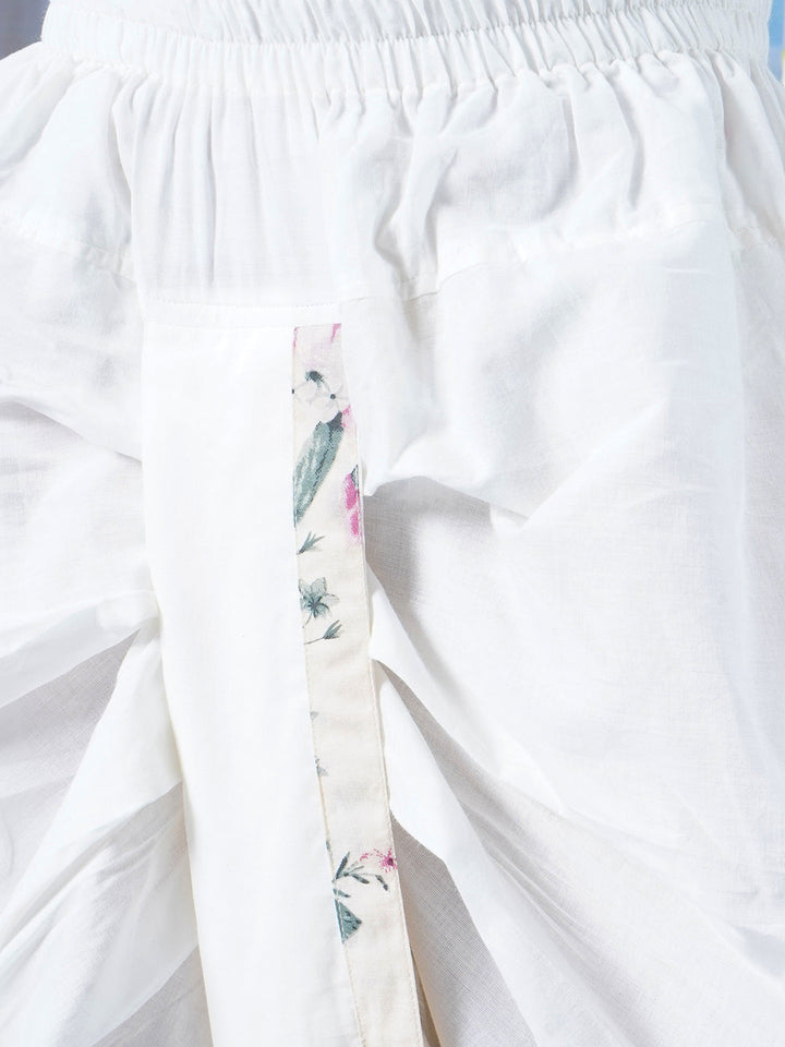 Boys Cotton Full Sleeves Kurta Dhoti with Floral Print and Pearl Buttons - Cream   | SHOBITAM