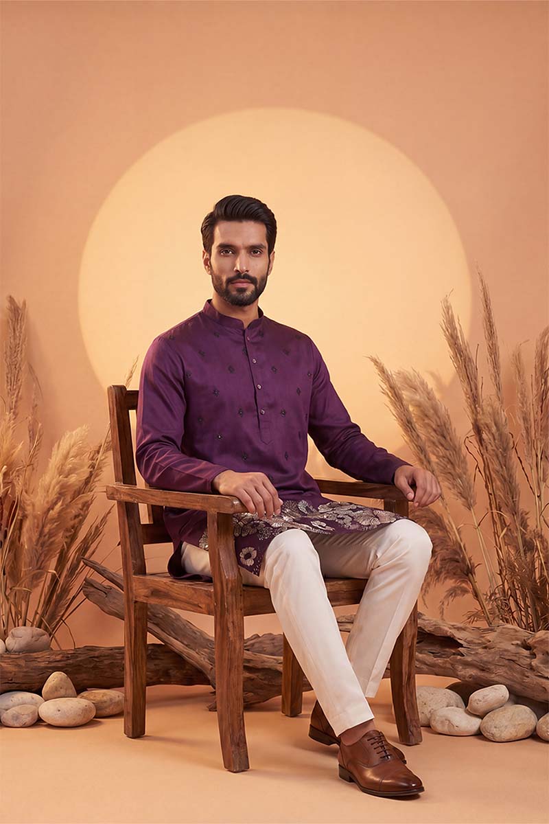 Mens Violet Silk Blend Solid Embroidered Kurta With Trousers | SHOBITAM