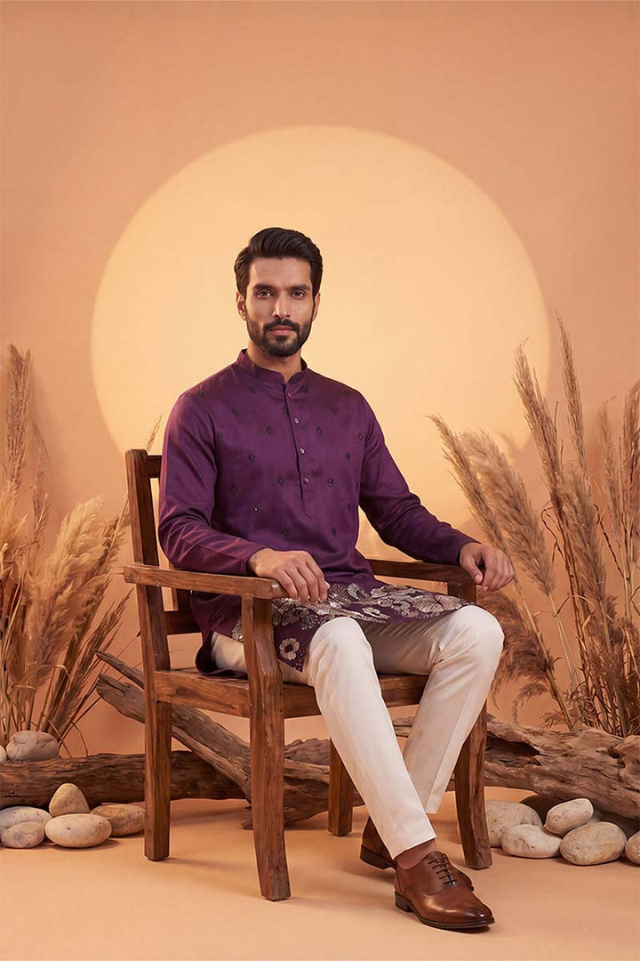Mens Violet Silk Blend Solid Embroidered Kurta With Trousers | SHOBITAM