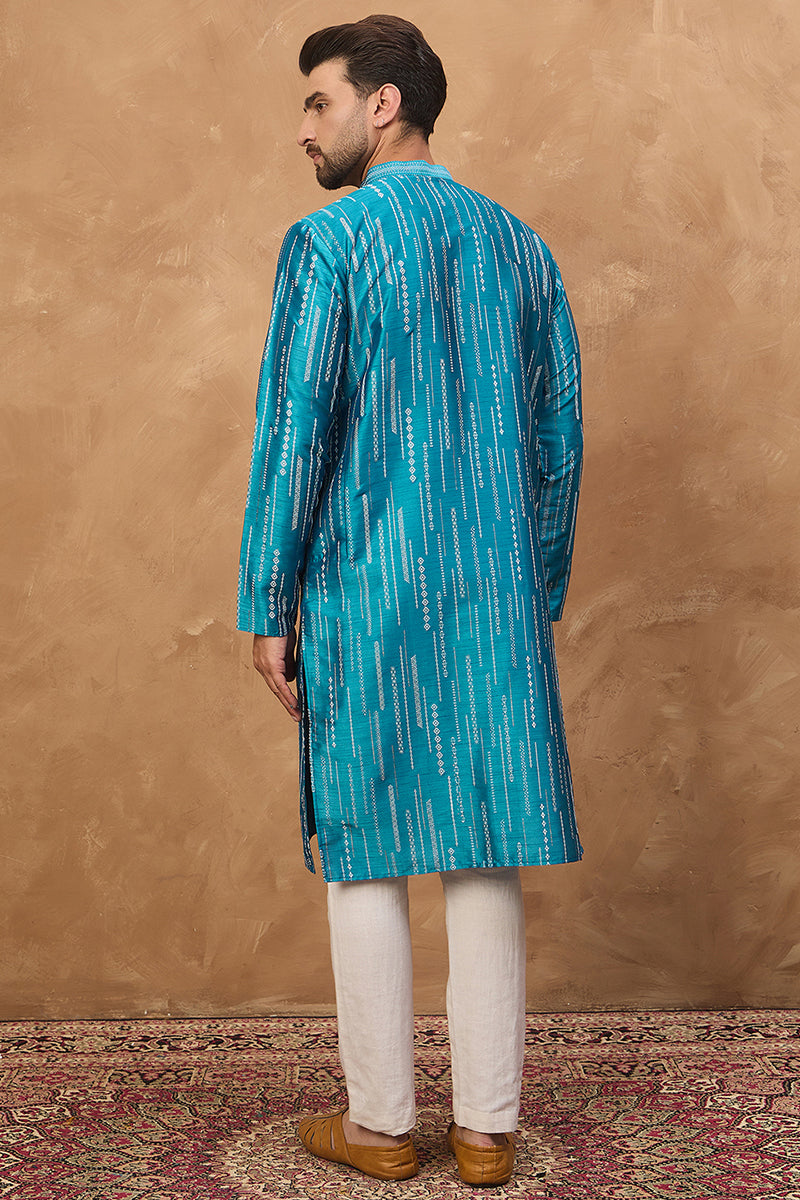 Blue Silk Blend Geometric Printed Straight Kurta | SHOBITAM