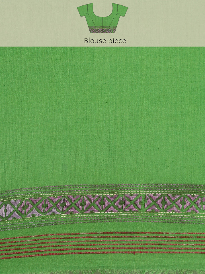 Parrot Green Khesh Kantha Cotton Saree | SHOBITAM