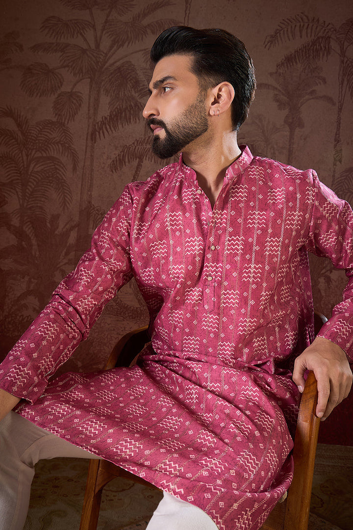 Pink Silk Blend Ethnic Motifs Printed Straight Kurta With Trouser | SHOBITAM