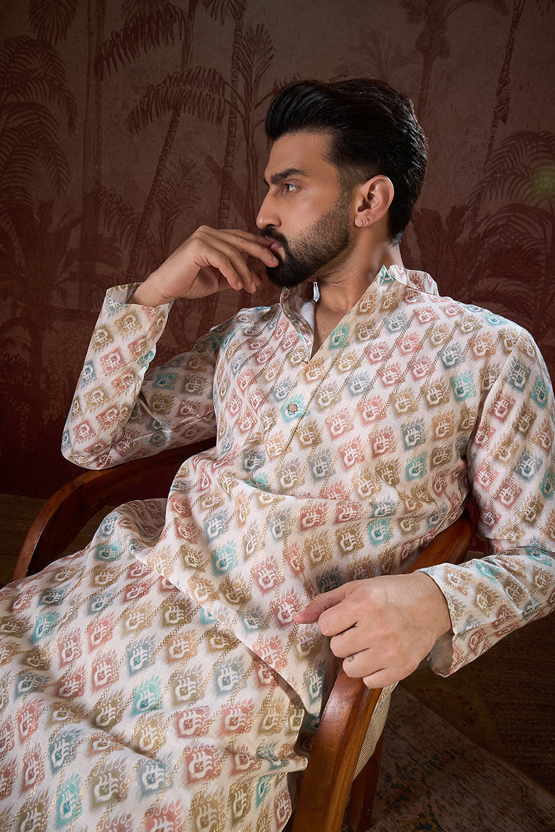 White Silk Blend Ethnic Motifs Printed Straight Kurta For Men | SHOBITAM