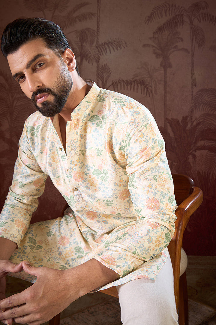 Off White Silk Blend Floral Printed Straight Kurta For Men | SHOBITAM