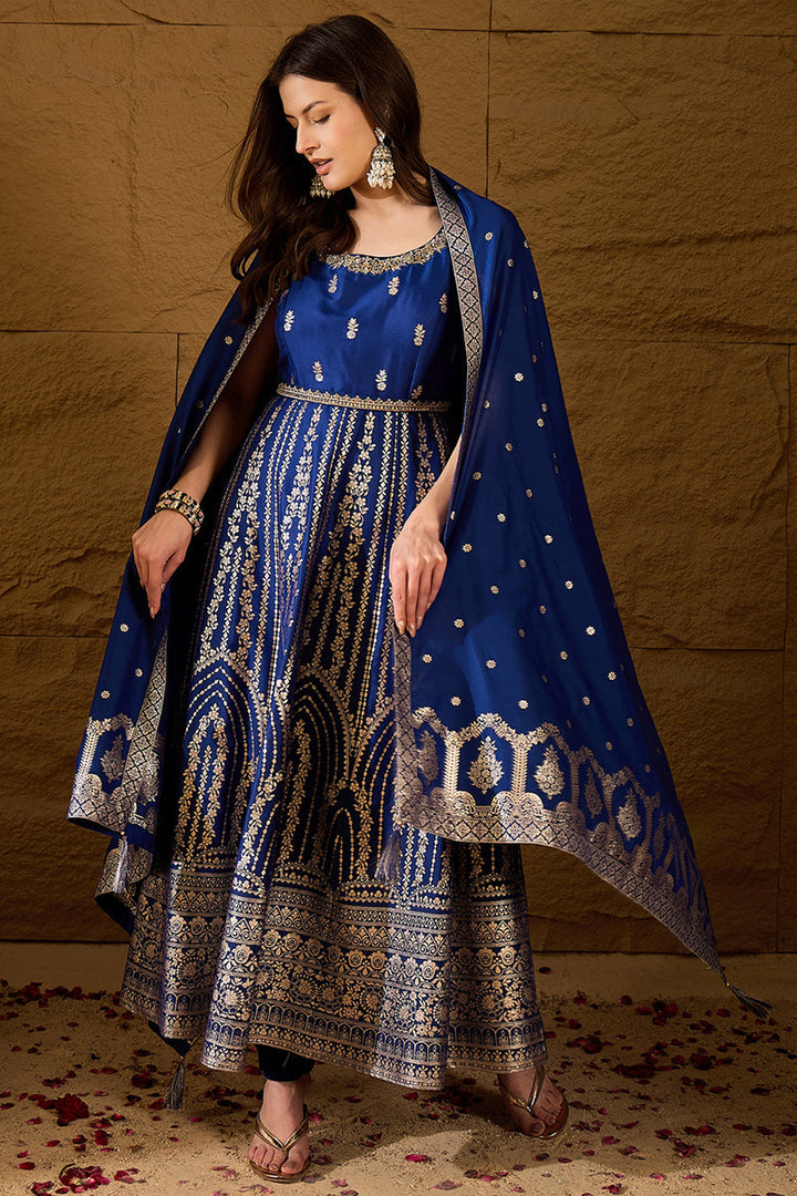 Blue Silk Blend Solid Embroidered Anarkali Kurta Bottom and Dupatta | SHOBITAM