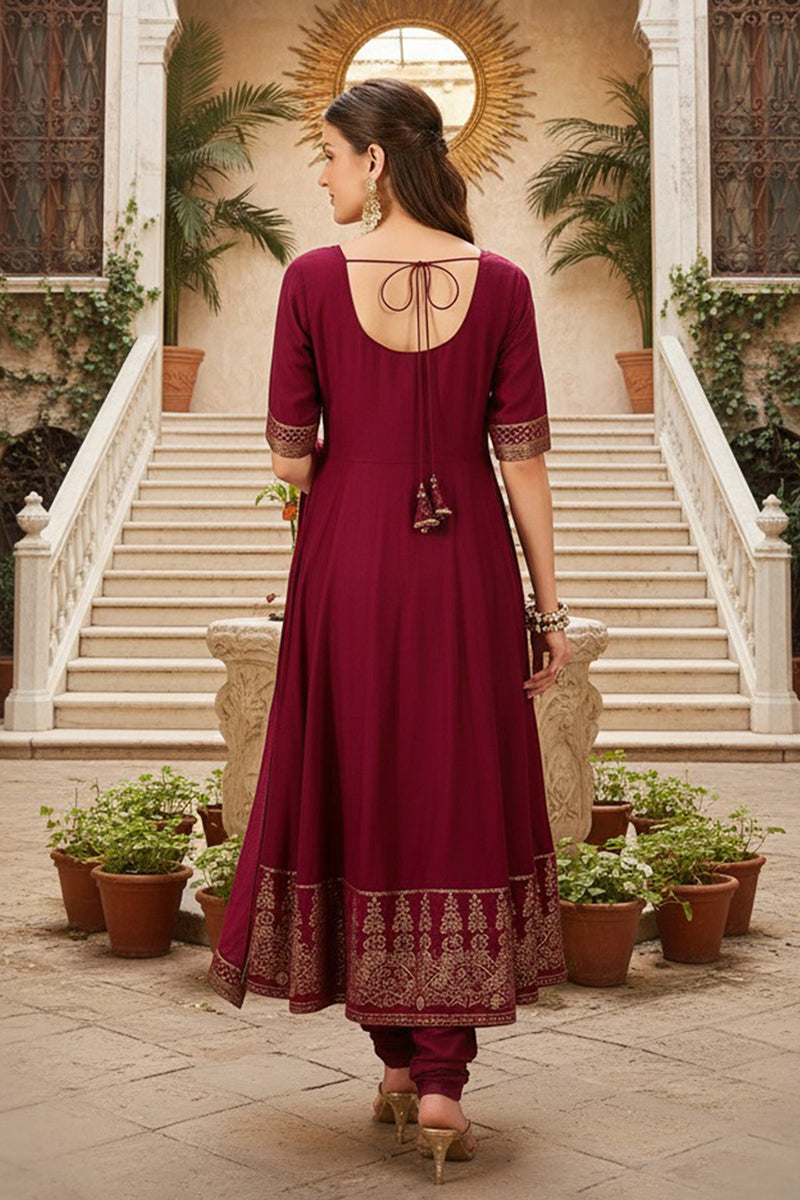 Magenta Silk Blend Woven Design Anarkali Suit Set | SHOBITAM