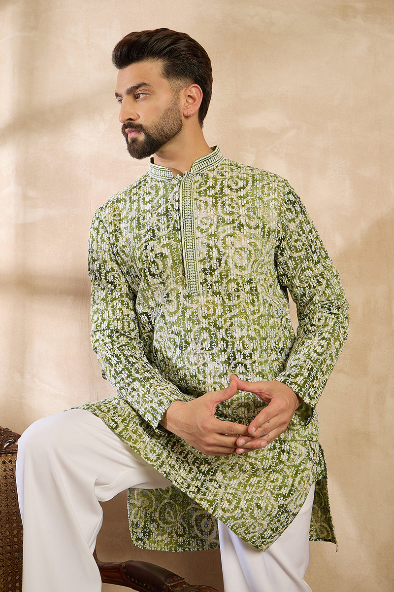 Green Viscose Rayon Batik Embroidered Straight Kurta | SHOBITAM