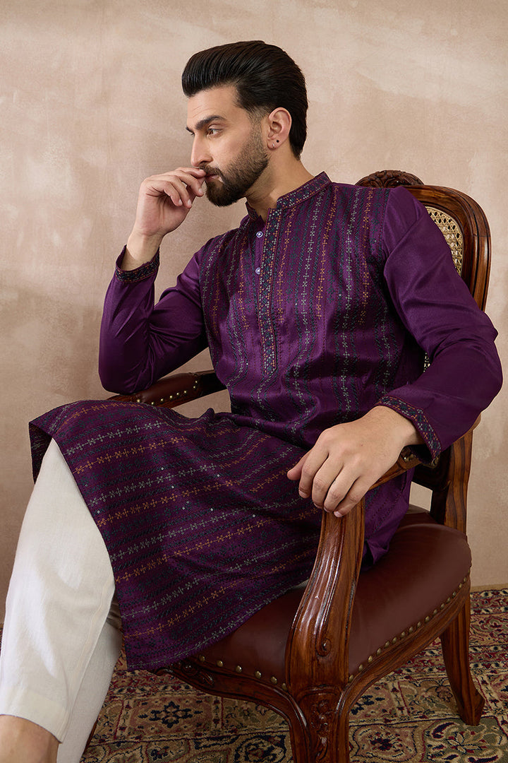 Purple Silk Blend Embroidered Mandarin Collar Straight Kurta With Trouser | SHOBITAM