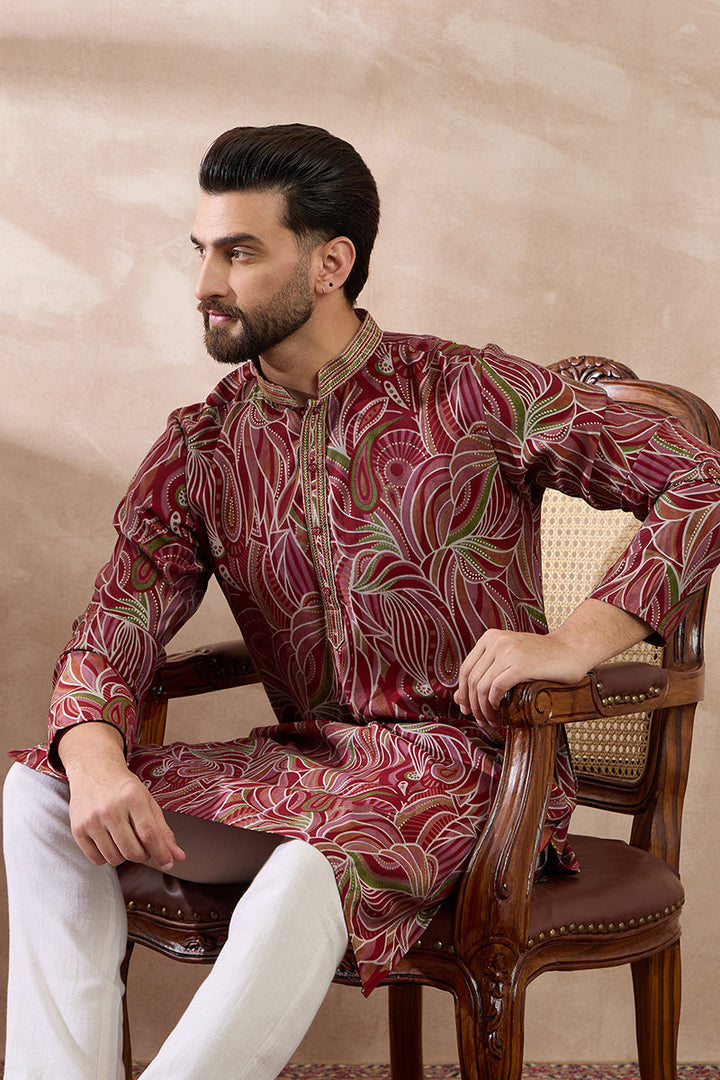 Red Silk Blend Printed Mandarin Collar Straight Kurta | SHOBITAM