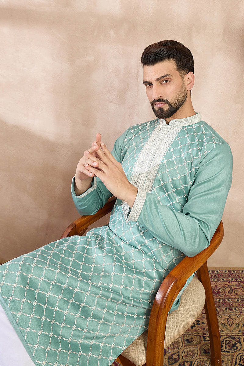 Teal Silk Blend Geometric Embroidered Straight Kurta With Trouser | SHOBITAM