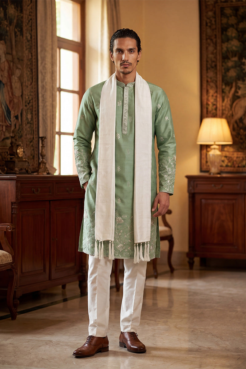 Men Green Silk Blend Solid Embroidered Straight Kurta Sets  | SHOBITAM