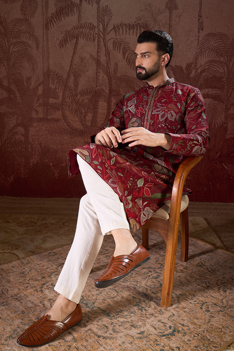 Maroon Silk Blend Floral Printed Straight Kurta With Trouser| SHOBITAM