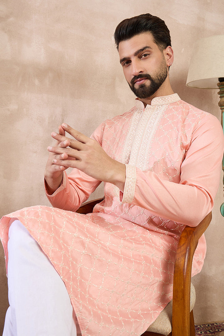 Pink Silk Blend Embroidered Mandarin Collar Straight Kurta  | SHOBITAM