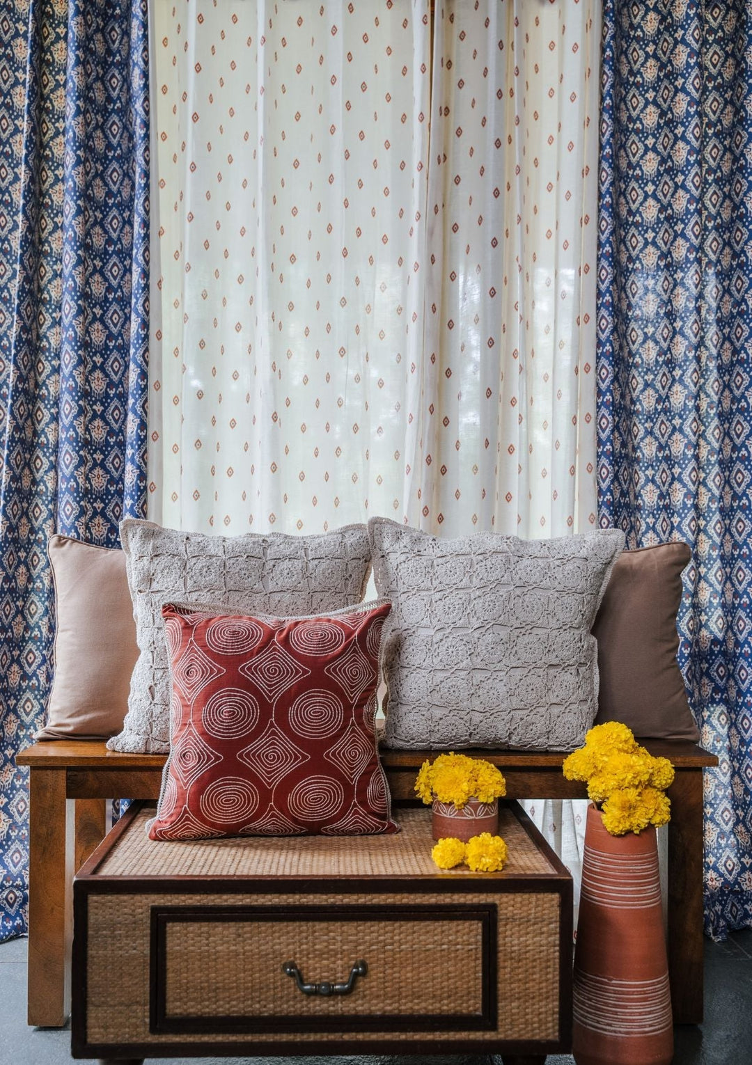 Noor Royal Blue and Brick Red minimal 100% cotton sheer curtain for living room - Light filtering - Single Piece | SHOBITAM