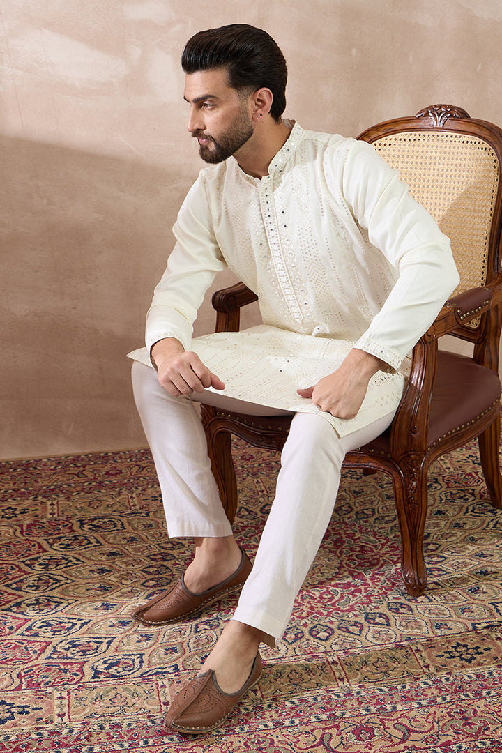 White Silk Blend Embroidered Mandarin Collar Straight Kurta With Trouser | SHOBITAM