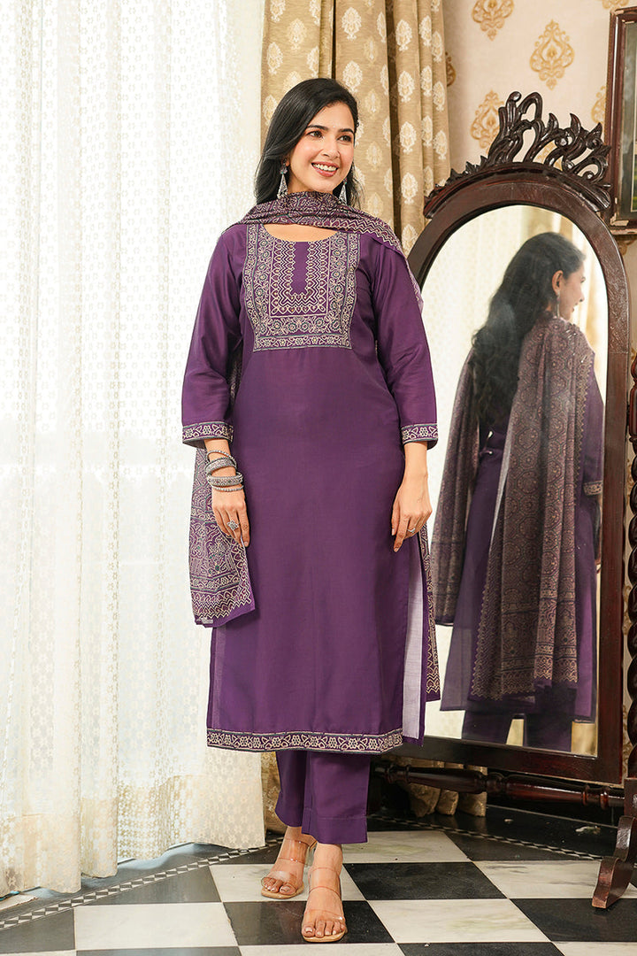 Purple Cotton Blend Ajrakh Printed Straight Kurta Trousers With Dupatta | SHOBITAM