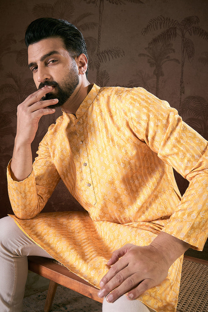 Yellow Silk Blend Ethnic Motifs Printed Straight Kurta With Trouser | SHOBITAM