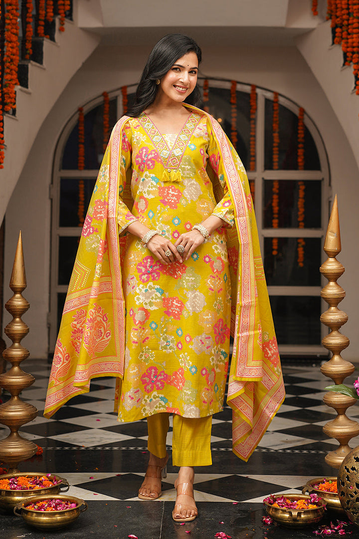 Yellow Viscose Rayon Geometric Embroidered Straight Kurta Trousers With Dupatta | SHOBITAM
