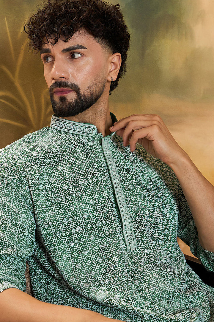 Green Viscose Rayon Shibori Embroidered Straight Kurta with Trouser  | SHOBITAM