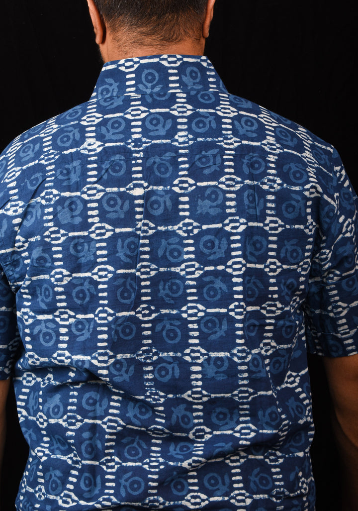 Blue White Handblock Printed Cotton Mens Shirt
