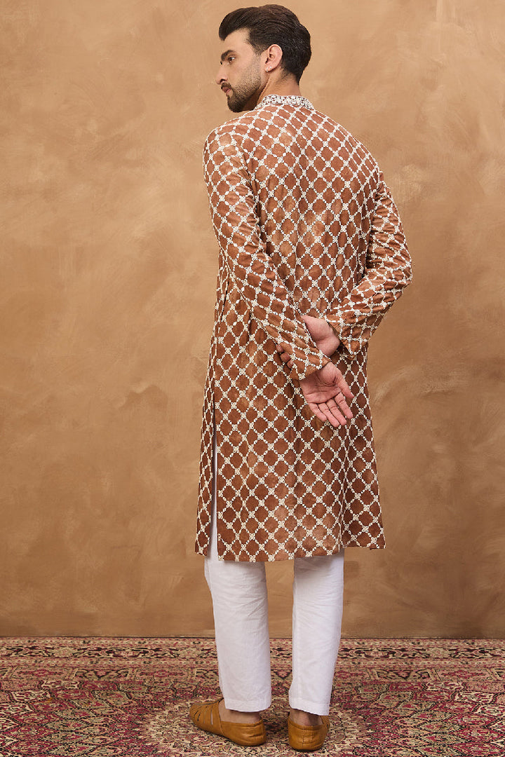 Brown Viscose Rayon Solid Embroidered Straight Kurta With Pant Set | Shobitam