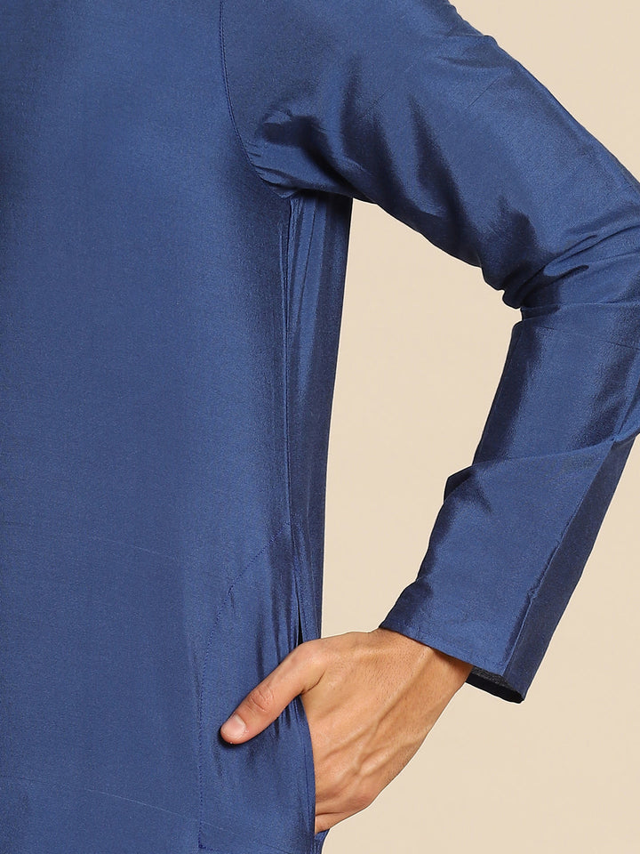 Navy Blue Silk Blend Solid Long Kurta  | SHOBITAM