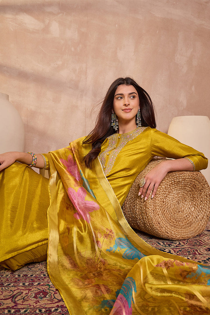 Yellow Silk Blend Solid Embroidered Straight Kurta Trouser With Dupatta | SHOBITAM