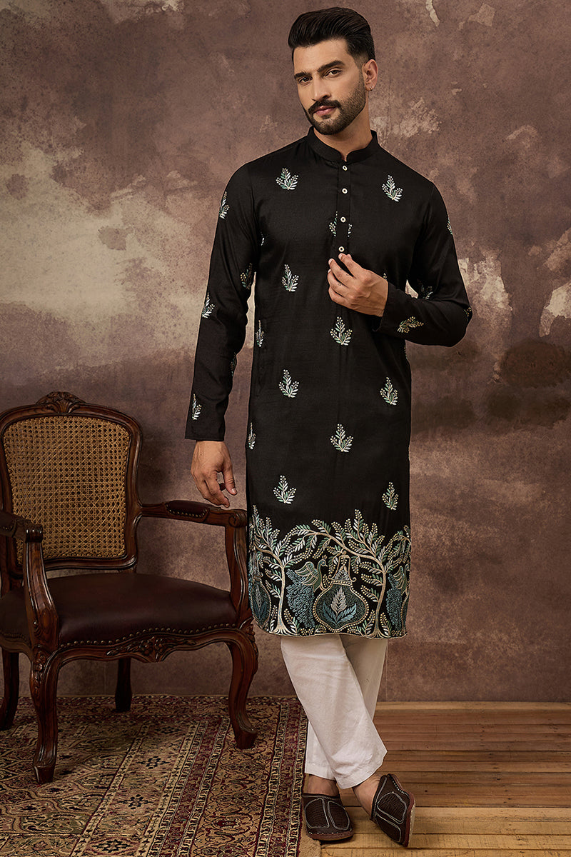 Black Silk Blend Solid Embroidered Straight Kurta with Trouser  | SHOBITAM