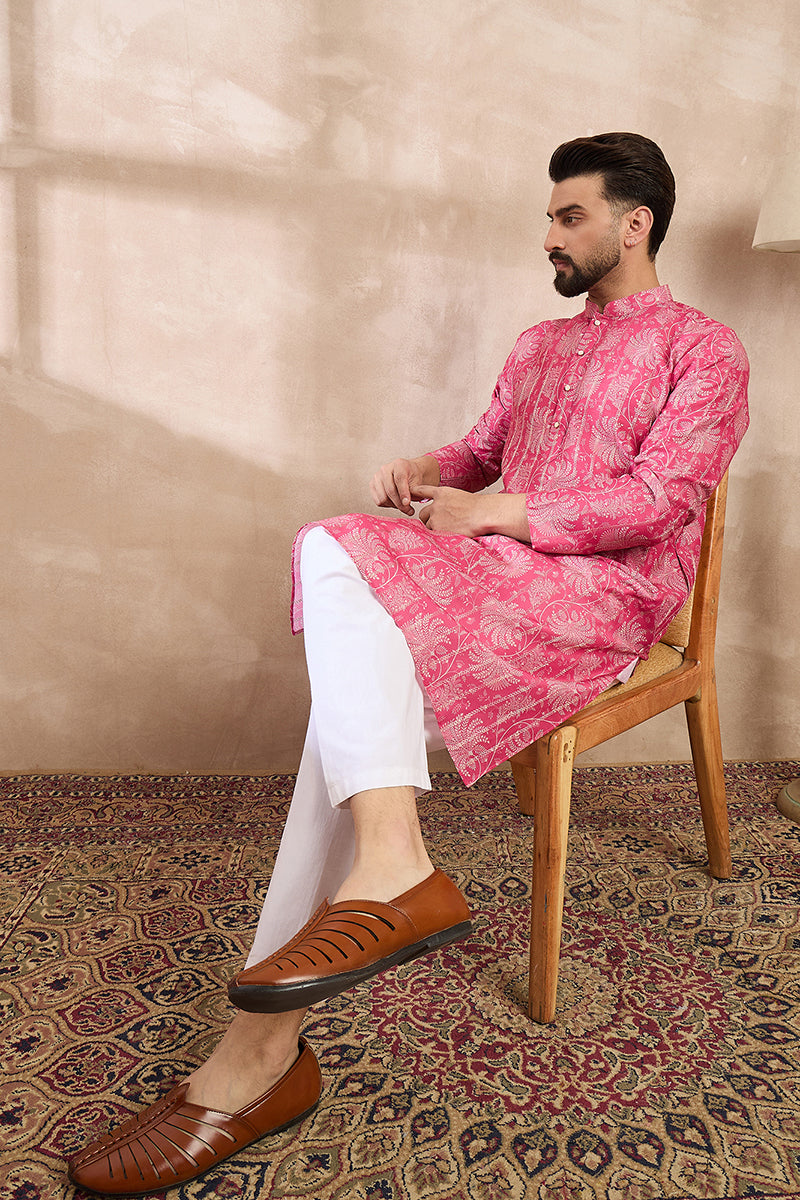 Pink Silk Blend Floral Printed Straight Kurta For Men | SHOBITAM
