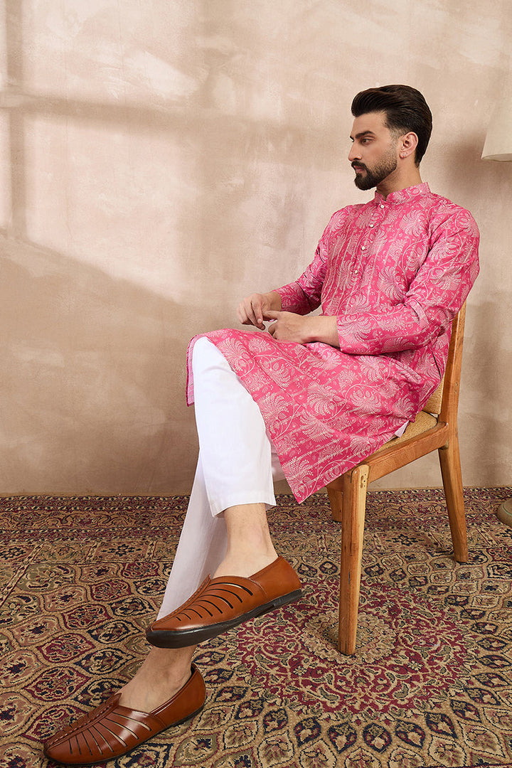 Pink Silk Blend Floral Printed Straight Kurta For Men | SHOBITAM