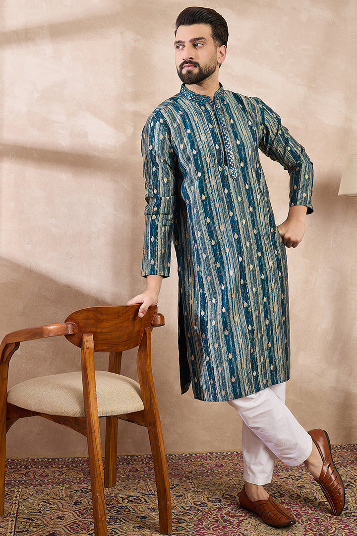 Turquoise Blue Silk Blend Abstract Printed Straight Kurta For Men | SHOBITAM