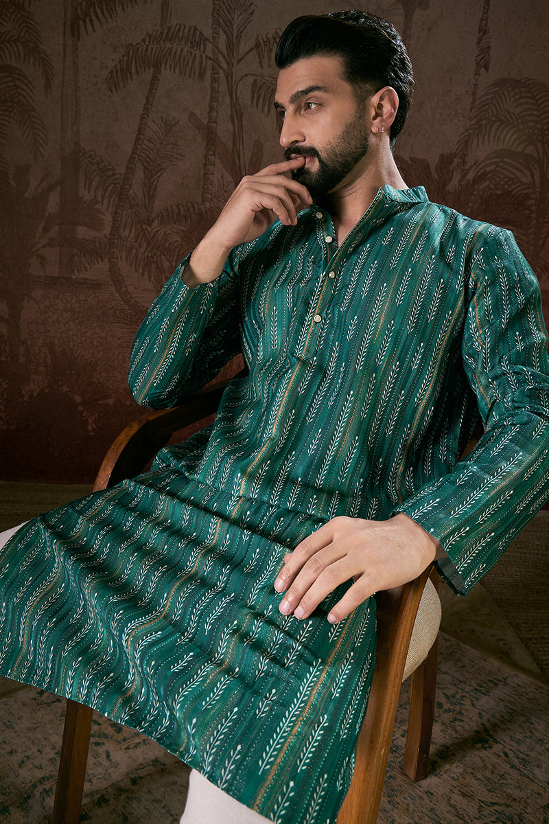 Turquoise Blue Silk Blend Floral Printed Straight Kurta With Trouser | SHOBITAM