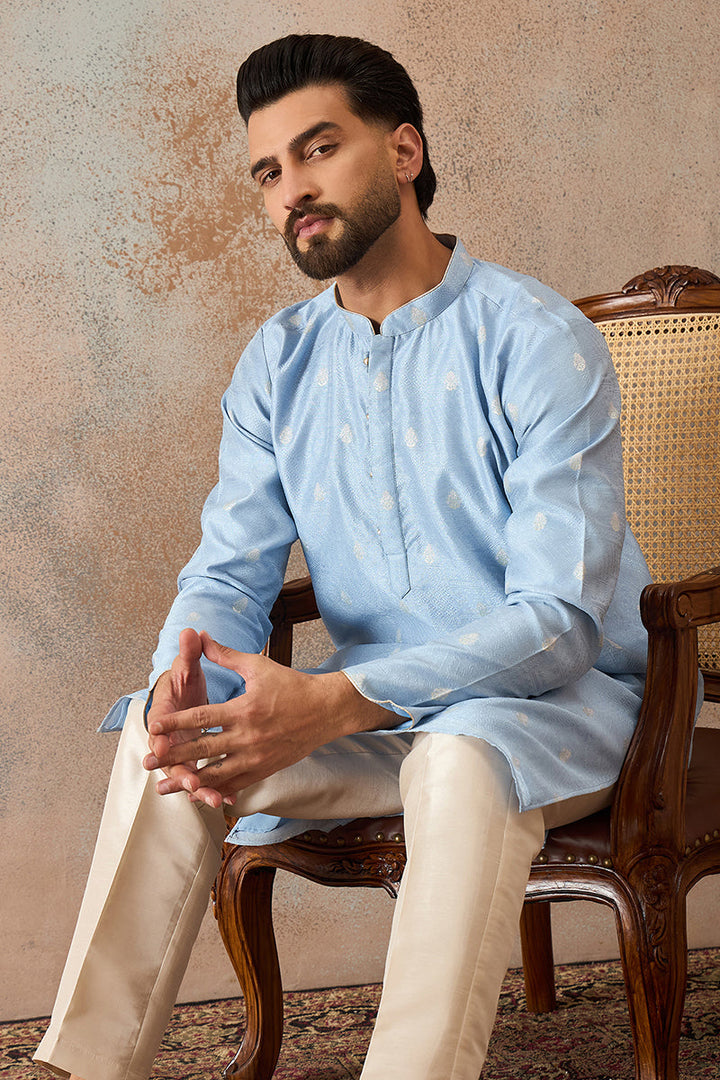 Mens Blue Silk Blend Floral Straight Kurta With Trouser | SHOBITAM