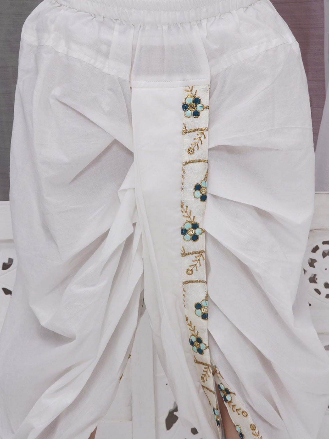 Boys Silk Brocade Full Sleeves Sherwani and Dhoti with Floral Embroidery & Kundan Buttons- Cream | SHOBITAM