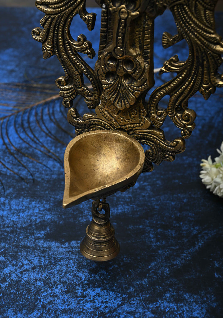 Antique Brass Lakshmi with Peacocks Wall Hanging Diya, Indian Decorative