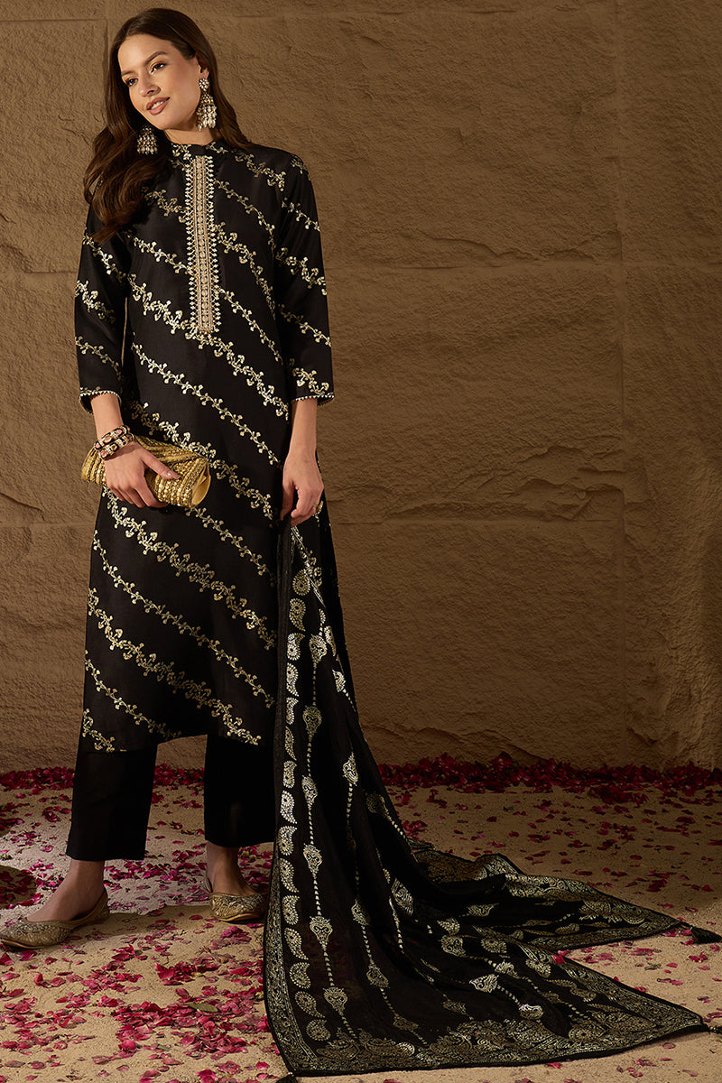 Black Silk Blend Ethnic Motifs Printed Straight Kurta Sets | SHOBITAM