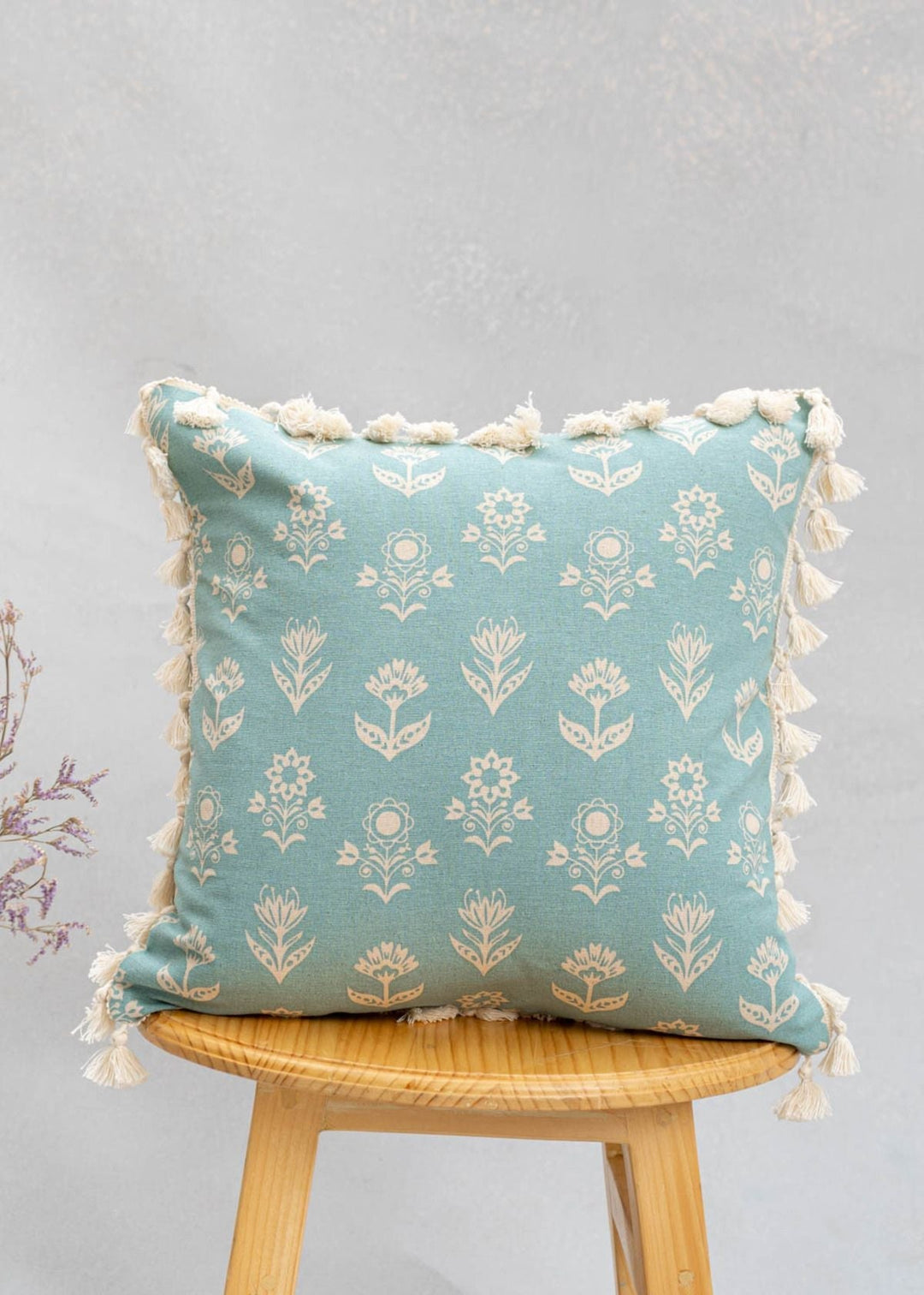 Dahlia Nile Blue Floral Printed Cushion Cover for Sofa with Tassels – 100% Cotton | SHOBITAM