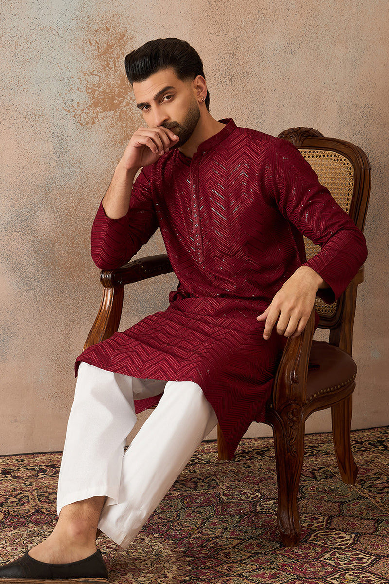 Maroon Rayon Embroidered Straight Kurta | SHOBITAM